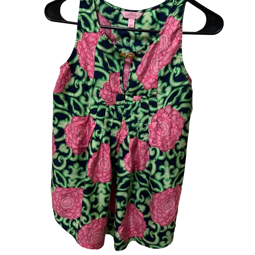 Lilly Pulitzer Tara 100% Silk Pink & Green Floral Tank Blouse Women's Size 0